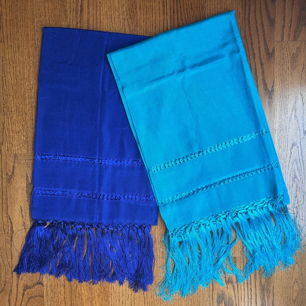 Lot of 2 Mexican Rebozo
Handmade Shawl Wrap Scarf Chalina Turquoise & Royal Blue